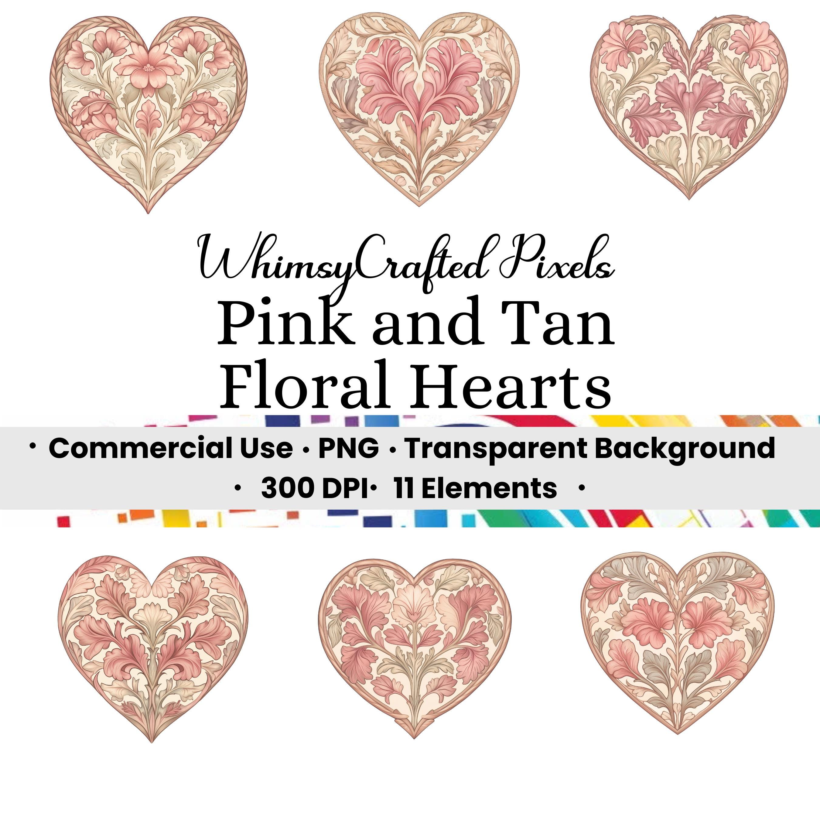 Pink and Tan Floral Heart Clip Art Set | Valentine Digital Images for ...