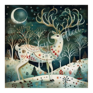 May include: A white deer with large antlers stands in a snowy forest. The deer is decorated with a pattern of stars, snowflakes, and flowers. The forest is dark blue with white snow and a crescent moon in the sky.