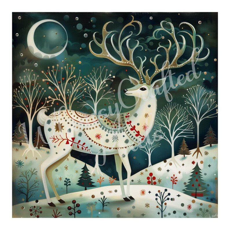May include: A white deer with large antlers stands in a snowy forest. The deer is decorated with a pattern of stars, snowflakes, and flowers. The forest is dark blue with white snow and a crescent moon in the sky.