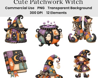 Ensemble d'images clipart de sorcière patchwork mignonne et effrayante | Sorcière aquarelle fantaisiste pour Halloween (PNG) | Illustrations de sorcière en tissu cousu | 12 PNG