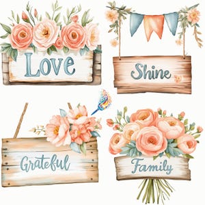 Ensemble de cliparts de signes floraux pêche | Digital Inspiration Signs Images pour scrapbooking, fabrication de cartes, travaux manuels | PNG à usage commercial | Sans arrière-plan