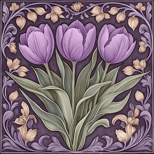 May include: A square floral design featuring three lavender tulips with green leaves, set against a dark purple background. The design includes tan-colored floral accents and decorative borders, creating a vintage, botanical aesthetic.