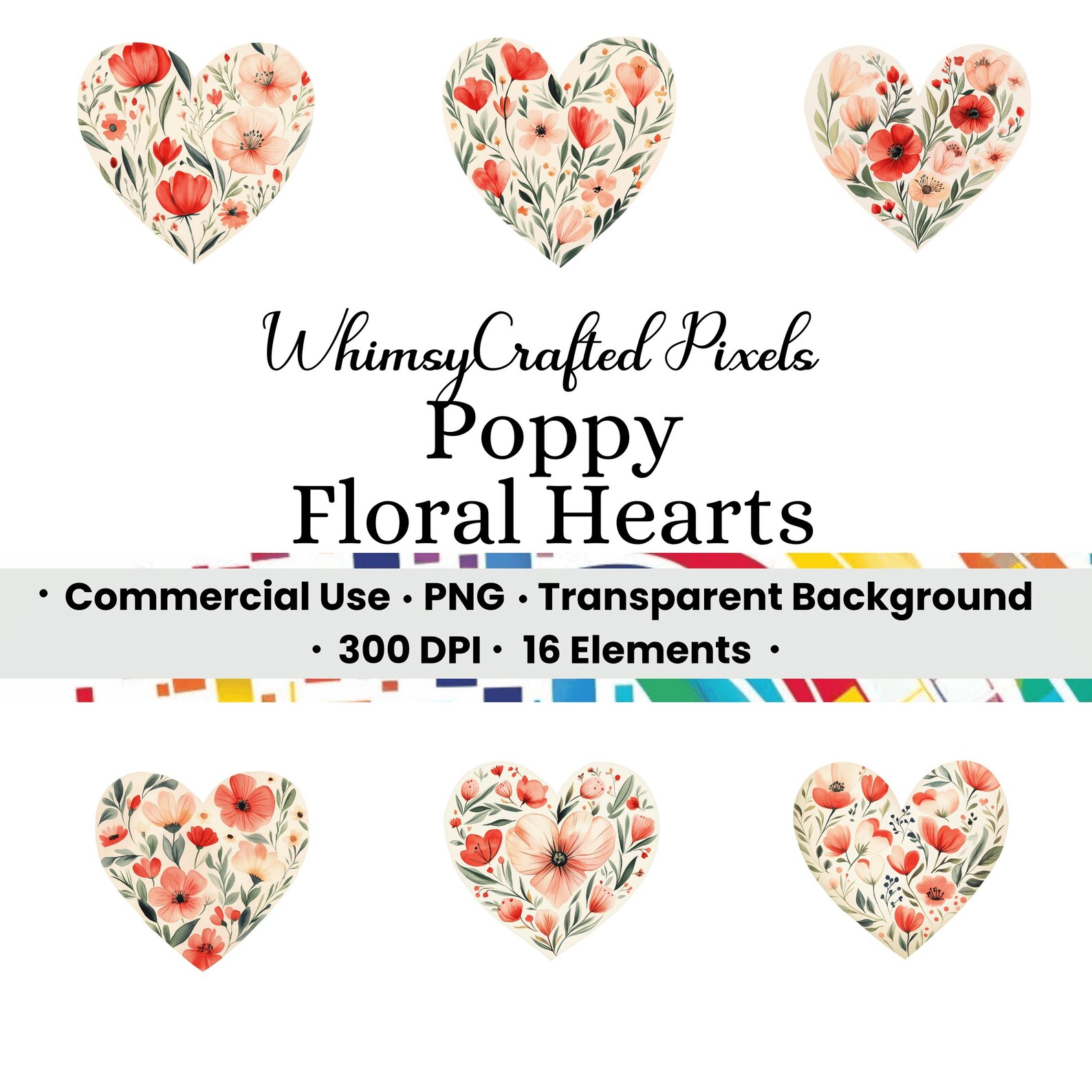 Poppy Floral Heart Clip Art Set | Valentine Digital Images for ...