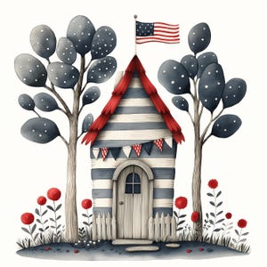 Páginas digitais de casas americanas fofas | Fundos patrióticos digitais imprimíveis para álbuns de recortes, criação de cartões, artesanato | JPGs de uso comercial