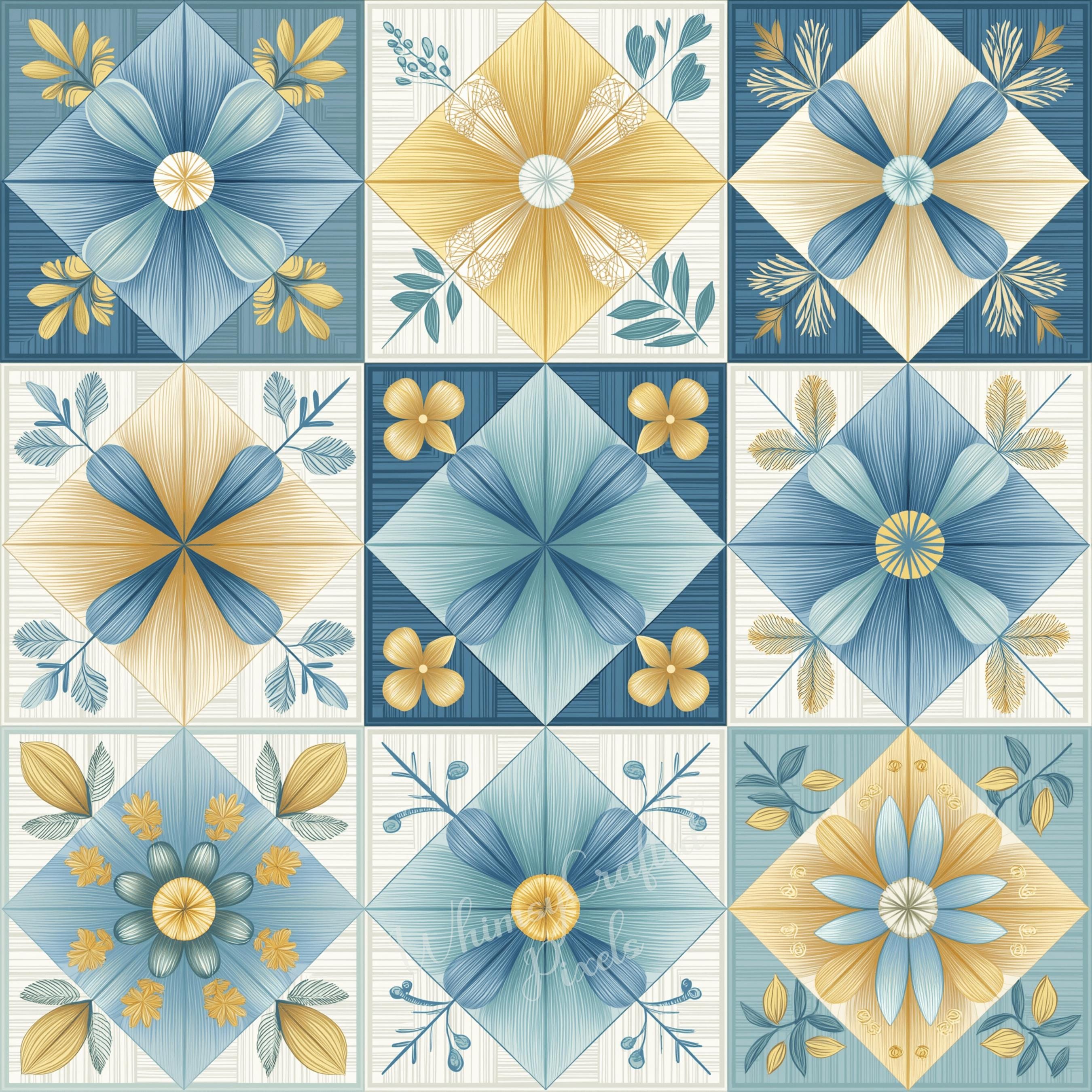 Blue and Yellow Patchwork Digital Pages | Printable Quilt Top Digital ...