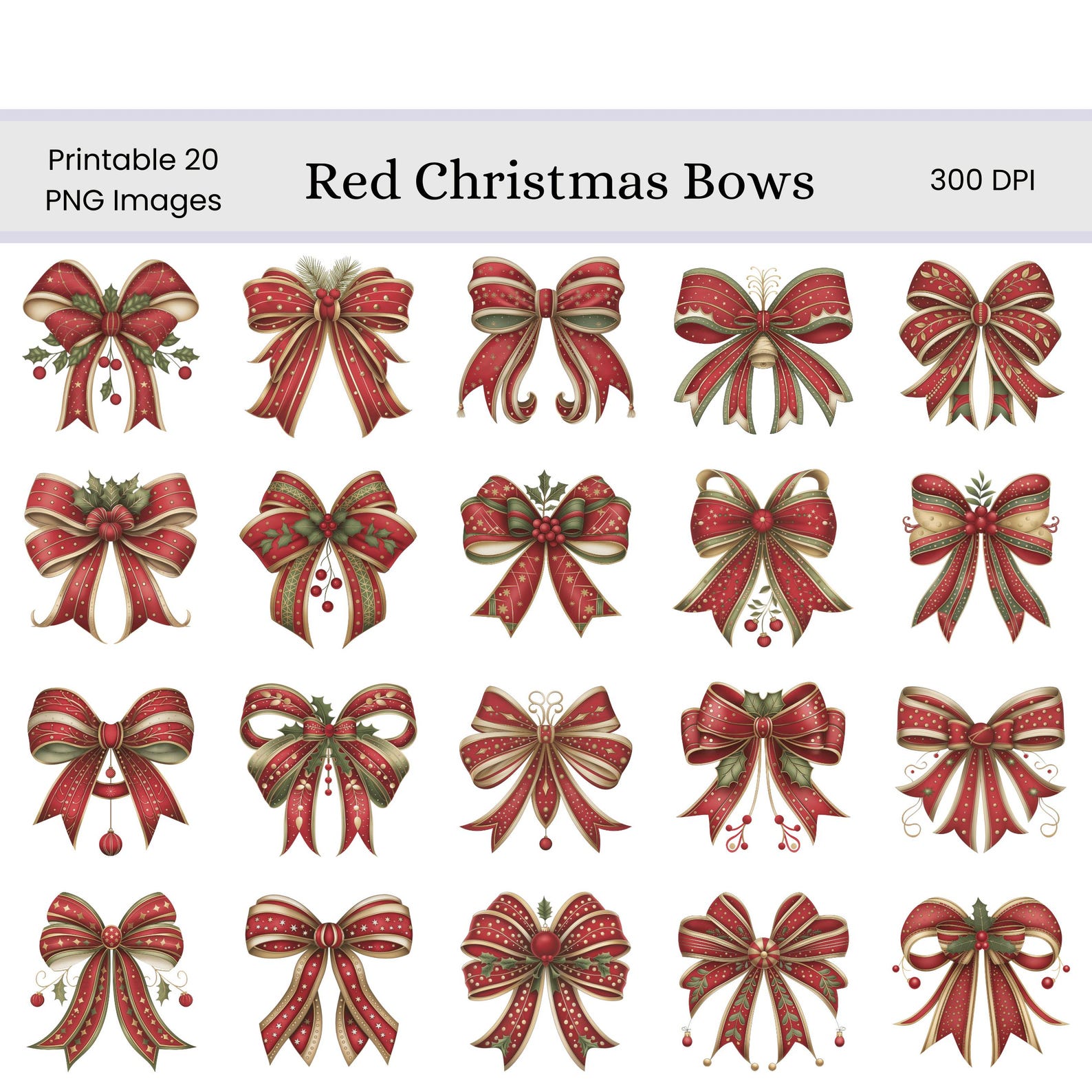Red and Gold Christmas Bows Clip Art Set | Holiday Digital Images ...