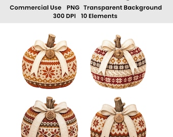 Ensemble de 10 images clipart aquarelle de citrouilles nordiques au crochet | 10 PNG d'automne scandinave | Décoration Fair Isle automnale chaleureuse