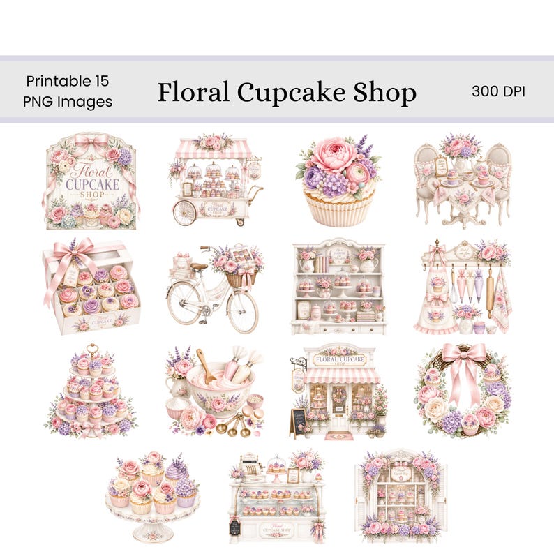Floral Cupcake Shop Clipart Bundle, Watercolor Bakery PNG, Floral ...