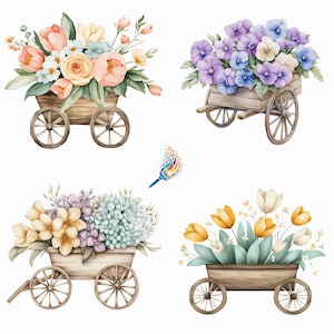 Frühling Blumen Karren Clip Art Set | Digitale Blumenbilder für Scrapbooks, Kartenherstellung, Kunsthandwerk | Kommerzielle Nutzung PNGs | Transparente Hintergründe