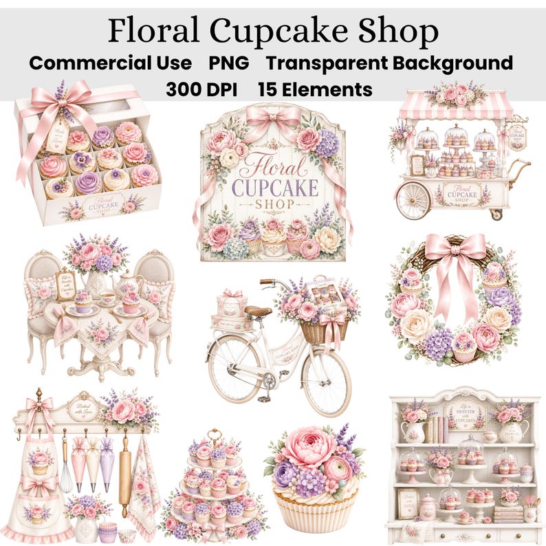 Floral Cupcake Shop Clipart Bundle, Watercolor Bakery PNG, Floral ...