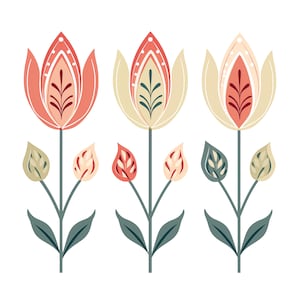 Drie Scandinavische tulpen clipartset | Digitale bloemafbeeldingen | Plakboeken, kaarten maken, knutselen | PNG's voor commercieel gebruik | Transparante achtergronden