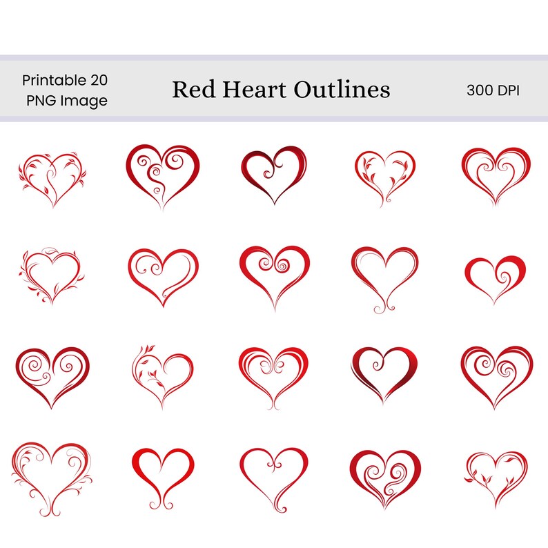 Red Heart Outlines Clip Art Set | Valentine Digital Images for ...
