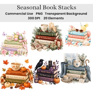 Peut inclure: Une collection numérique de 20 illustrations de piles de livres saisonniers avec des thèmes variés comme les fleurs printanières, les fêtes d'hiver, la plage, l'automne, les nuits mystiques et les jours de pluie, sur fond transparent.