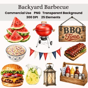 May include: A digital collection of 25 backyard barbecue elements including watermelon slices, a red charcoal grill, a wooden BBQ Time sign, coleslaw, red white and blue bunting, ribs, a burger, lemonade, a lantern, and a wooden condiment caddy.