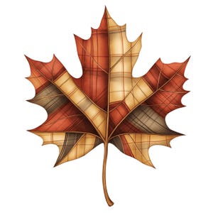 May include: A digitally illustrated maple leaf with a plaid pattern in shades of red, brown, tan, and gray. The leaf has a detailed texture and a brown stem, perfect for fall-themed crafts and decor.