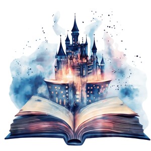 Op de afbeelding: Waterverfillustratie van een sprookjeskasteel dat uit een open boek oprijst. Het kasteel is donkerblauw met meerdere torens, tegen een achtergrond van blauwe en roze aquarelwashes. De pagina's van het boek zijn open, met een warme gloed.