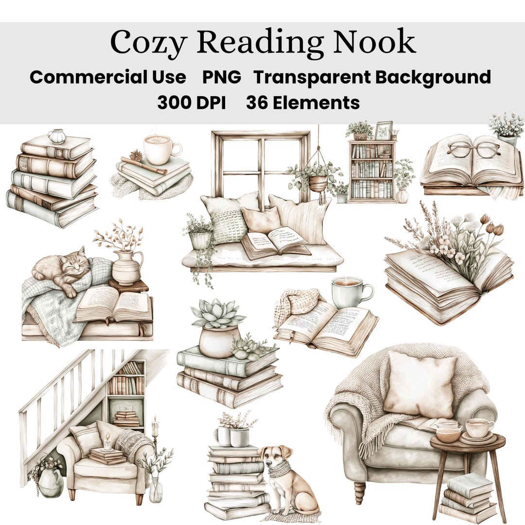 Book Lover Clipart Bundle, Cozy Reading Nook PNG, Watercolor Books and ...