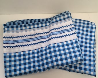 Vintage twin flat sheets blue white check pattern French country shabby chic cottage decor craft sewing supplies fabric material