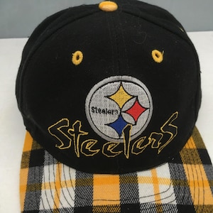 Vintage rare Steelers logo embroidered front black gold plaid bill snapback hat