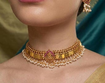 Viral Lakshmi Elakkathali Pearl Hanging Mala /Traditional Gold Tone Pearl Elakkathali Choker Necklace Set | South Indian Kerala Bridal Jew