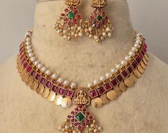 Royalty Lakshmi Adigai Style Kasu Mala with matchign earrings set