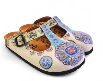 Handgemachte Vegan Leder Clogs: Boho Floral Slip-On Pantoletten