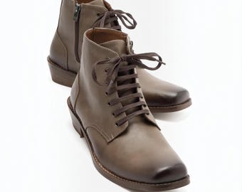 Mens Faux Leather Ankle Boots, Lace Up Western Cowboy Boot with Side Zip, Handmade Wood Heel Vintage Style Shoes, Cold Weather Winter Boot