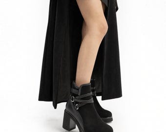 Black Ankle Boots for Women, Block Heel Vegan Suede Booties, Warm Lined Strappy Biker Boots, Chunky Platform Winter Shoes