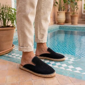 Men's Black Suede Espadrille Mules | Handmade Leather Backless Loafers | Jute Sole Slip-On Shoes | Summer Casual Style image 6
