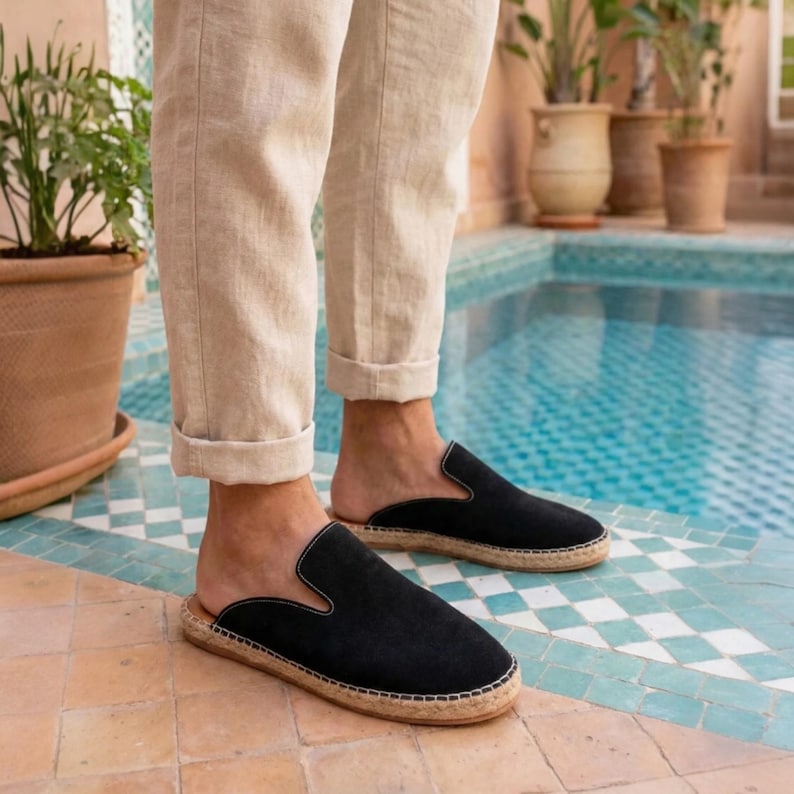 Men's Black Suede Espadrille Mules | Handmade Leather Backless Loafers | Jute Sole Slip-On Shoes | Summer Casual Style image 6