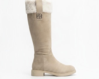 Handmade Beige Suede Knee High Boots, Faux Fur Trim Winter Boots for Women, Warm Lined Tall Boots, Wide Calf Friendly Flat Boots