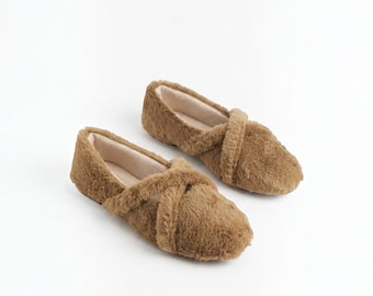 Cozy Plush Ballet Slippers for Women, Warm Fleece House Shoes with Cross Strap, Fuzzy Indoor Flats, WFH Loungewear Footwear Gift for Her