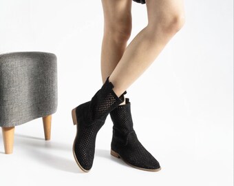 Black Perforated Summer Boots Women | Faux Suede Laser Cut Ankle Boots | Breathable Boho Festival Shoes | 3cm Low Heel Mid Calf Boots
