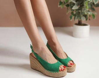Green Suede Leather Wedge Espadrille | Open Toe 9cm Heel Slingback | Women's Summer Vacation Sandals