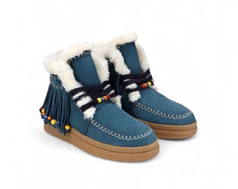 Frauen Wildleder Fell gefüttert Ankle Boots, gemütliche Winter Mokassin Booties, handgemachte Lammfell, rutschfeste Sohle, Geschenk für sie, beige Schnür Plüschkragen