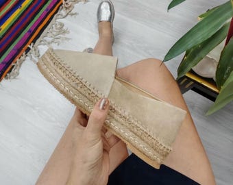 Beige Suede Espadrille Platform Shoes | Women's Genuine Leather Slip-On Jute Flats | Summer Casual Loafers