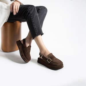 Brown Suede Platform Mules | 4cm Flatform Slingback | Buckle Closed Toe Clogs | Dark Academia Women Shoes | Fall Comfort Casual Slippers
