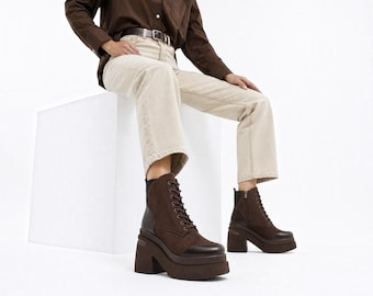 Brown Suede Platform Boots, Chunky Block Heel Lace Up Booties, Y2K Dark Academia Shoes, Vegan Leather Ankle Boots with Zipper