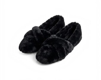 Black Plush Criss Cross Slippers for Women | Warm Lined House Shoes | Cozy Faux Fur Flats | Indoor Loungewear Footwear | Gift for Her