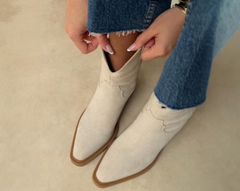 Handmade Leather Cowboy Boots Women | Western Ankle Boots Suede | Boho Cowgirl Boots | Brown Black Beige Short Boots | Gift for Her