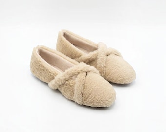 Fuzzy Ballet Slippers for Women Plush Criss Cross House Shoes Cozy Warm Indoor Flats Winter Loungewear Slippers Gifts for Her