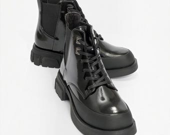 Black Patent Leather Chunky Boots Women, Warm Lined Combat Boots, Lace Up Platform Ankle Booties, Vegan Goth Winter Shoes, Dark Academia