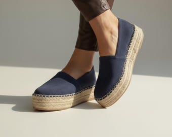 Navy Leather Espadrille Platform Shoes | Women's Genuine Leather Slip On Jute Rope Sole | Summer Spring Casual Comfort