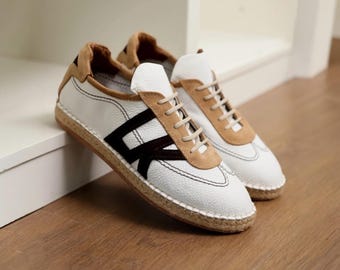 Men's White Leather Espadrille Sneaker | Tan Suede Jute Sole Shoe | Handmade Lace-Up Summer Loafer | Breathable Footwear Comfort