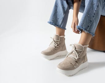 Beige Suede Ankle Boots for Women, Faux Fur Lined Winter Booties, Chunky Platform Snow Boots, Cozy Warm Shoes with Lace and Velcro Strap