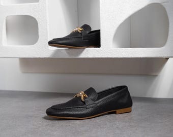 Women's Genuine Leather Loafers | Black Metal Buckle Flats | Comfortable Moccasin Slip-On Shoes | Everyday Office & Casual Wear