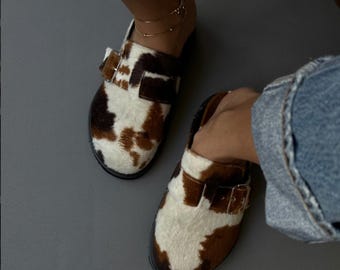 Mary Jane-schoenen met koeprint | Handgemaakte bontleren flats | Koeienhuid schoenen in westernstijl | Retro vintage cadeau voor haar
