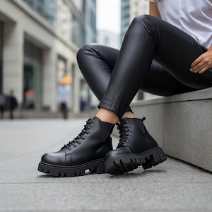 May include: Black leather ankle boots with thick, lug soles. The boots have a lace-up design and a rounded toe. The image shows the boots from a low angle, highlighting the chunky soles and the overall style. The boots are part of a fashion ensemble.