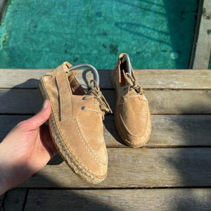 Men’s Handmade Tan Espadrille Shoes – Faux Suede Lace-Up Loafers – Summer Coastal Style Casual Footwear – Gift for Him