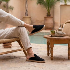 Men's Black Suede Espadrille Mules | Handmade Leather Backless Loafers | Jute Sole Slip-On Shoes | Summer Casual Style image 3
